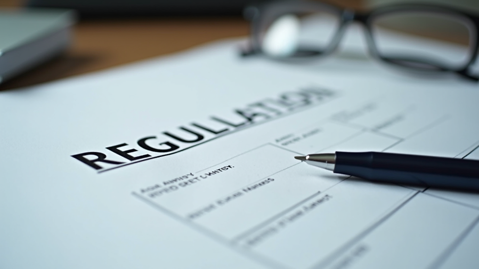 Eye-level view of a regulatory document with a pen on a desk