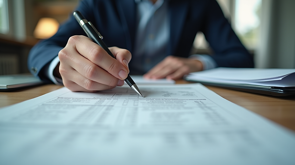 Close-up view of a person reviewing regulatory documents at a desk
