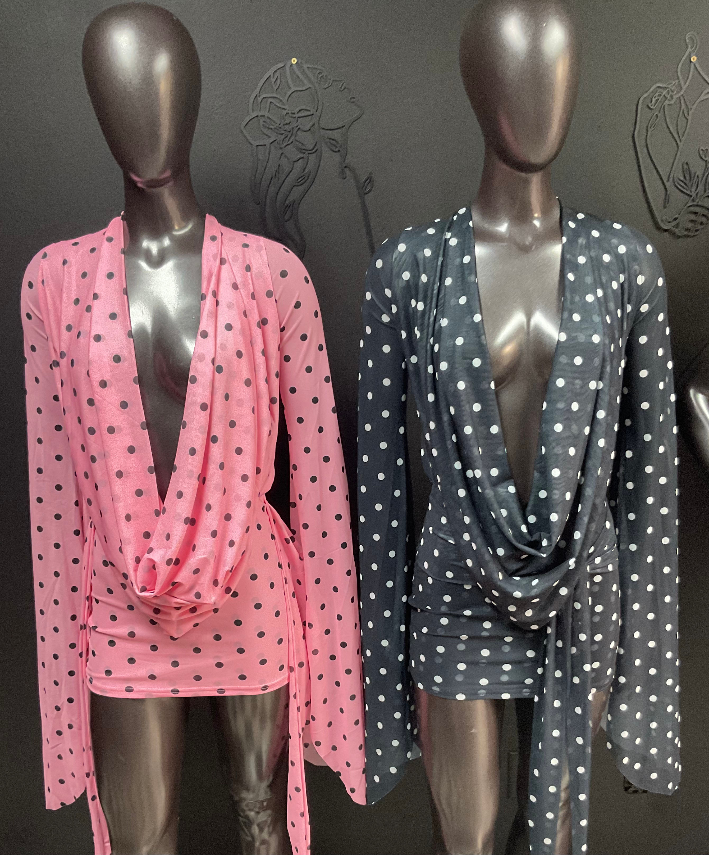 Draped Arm Polka Dot Mini Dress 