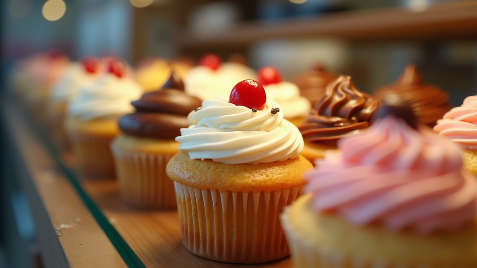 Eye-level view of a cupcake display with various gourmet flavors and decorations