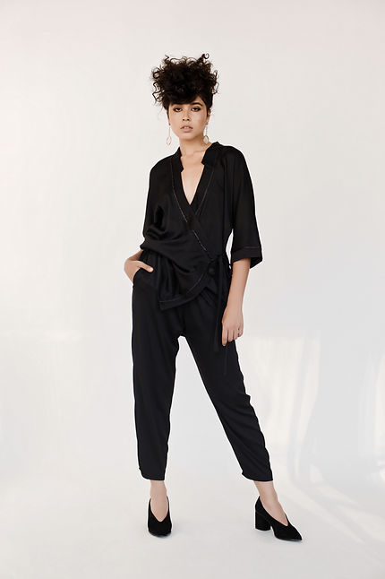 black silk satin kimono suit