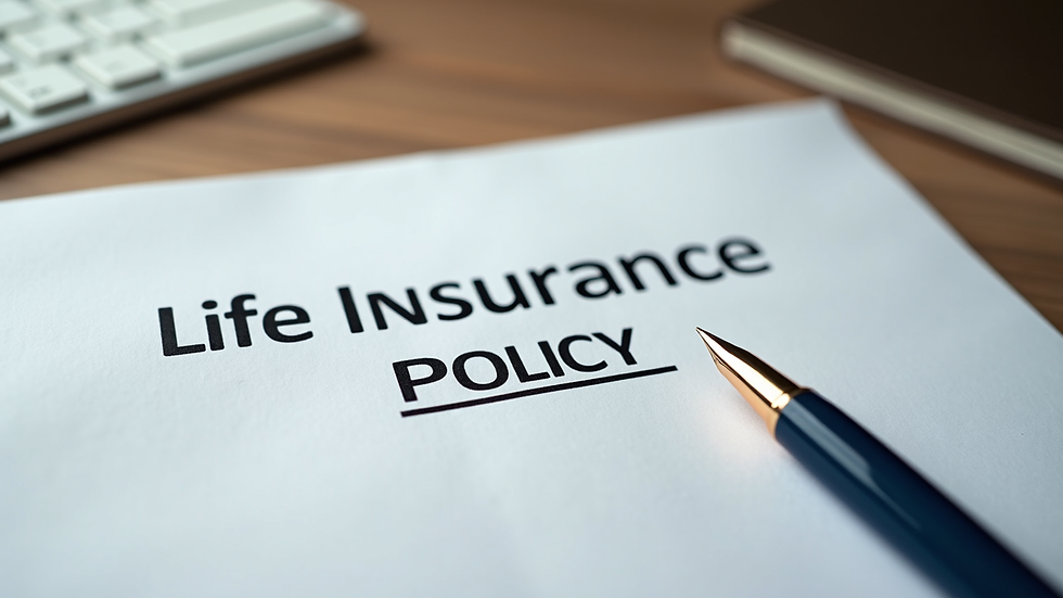 Close-up view of a life insurance policy document with a pen on top