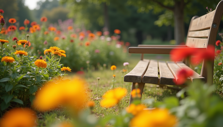 Close-up view of a garden with blooming flowers and a comfortable bench