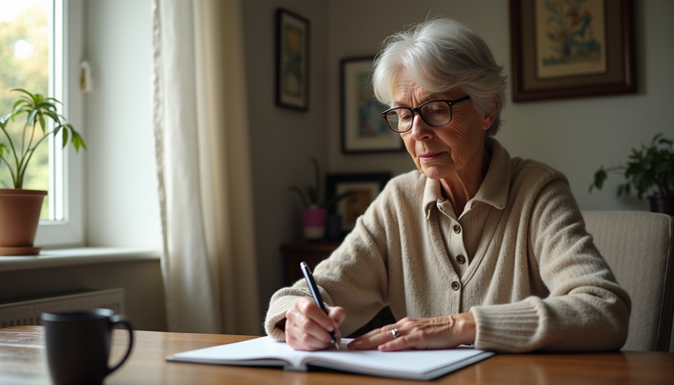 Eye-level view of a cozy home office with a woman writing in a journal