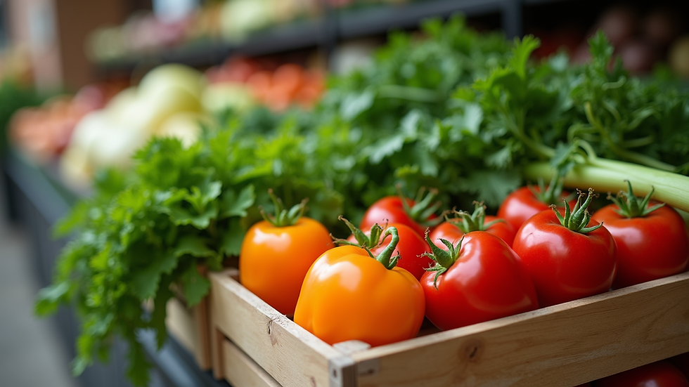 Close-up view of fresh organic vegetables in a wooden crate