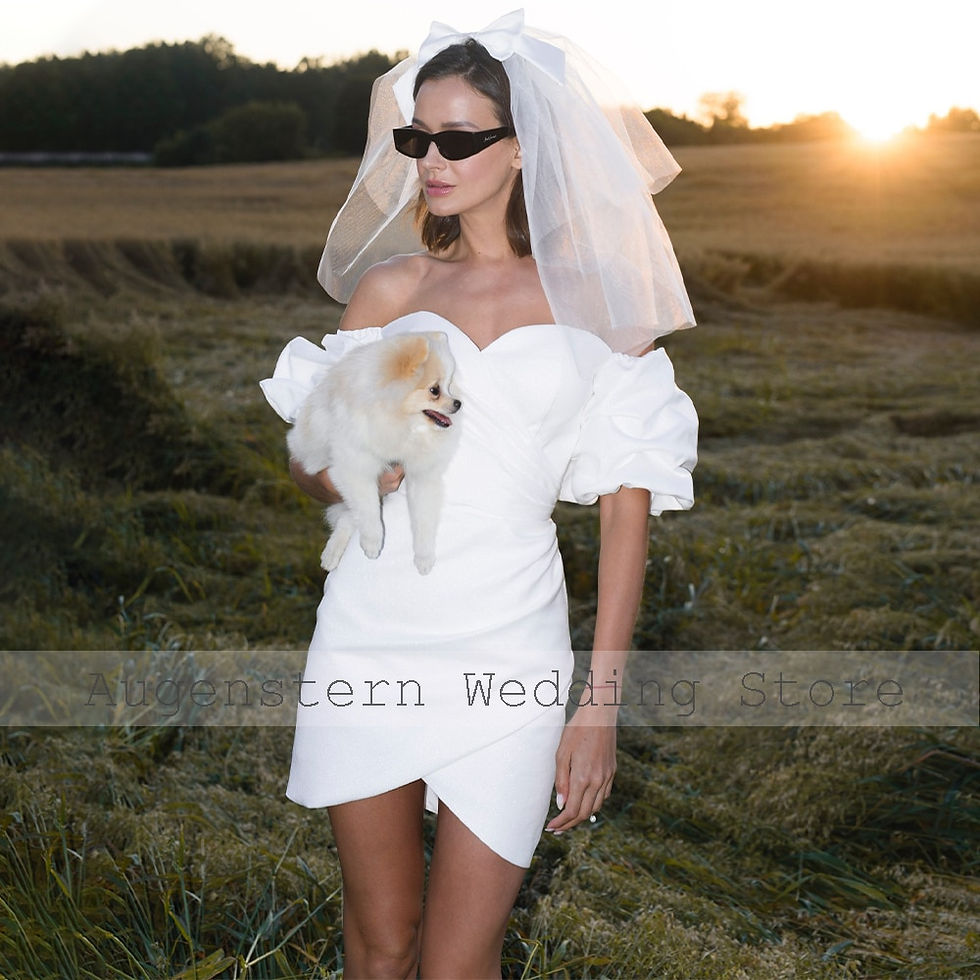 Thumbnail: Satin Puff Sleeves Sheath Mini Wedding Dress
