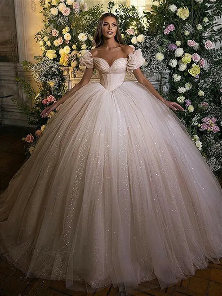 Thumbnail: Glitter Princess Wedding Dresses Ball Gown Off the Shoulder