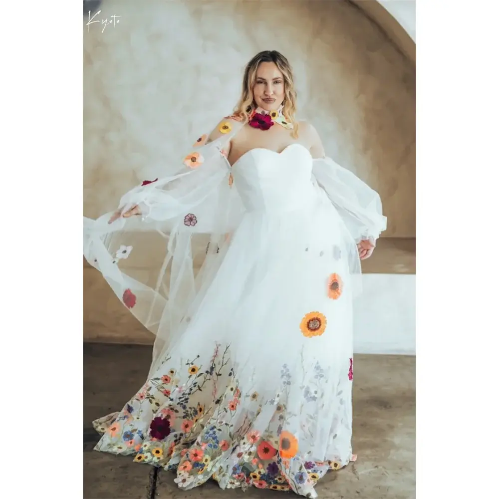 Flowers Embroidered Wedding Dress Detachable Long Train and Puffy Sleeves