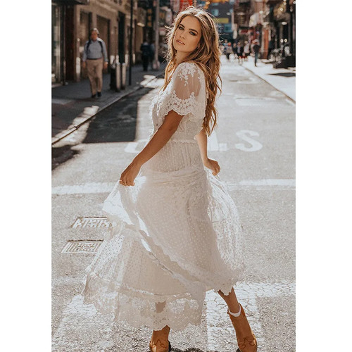 knee length dresses for ladies Boho Dress - White Lace