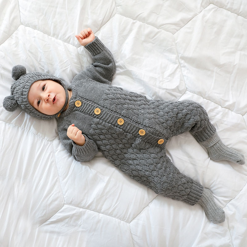 Infant, Long Sleeve Knitted Romper + Bear Hat Set Size 0-18 months