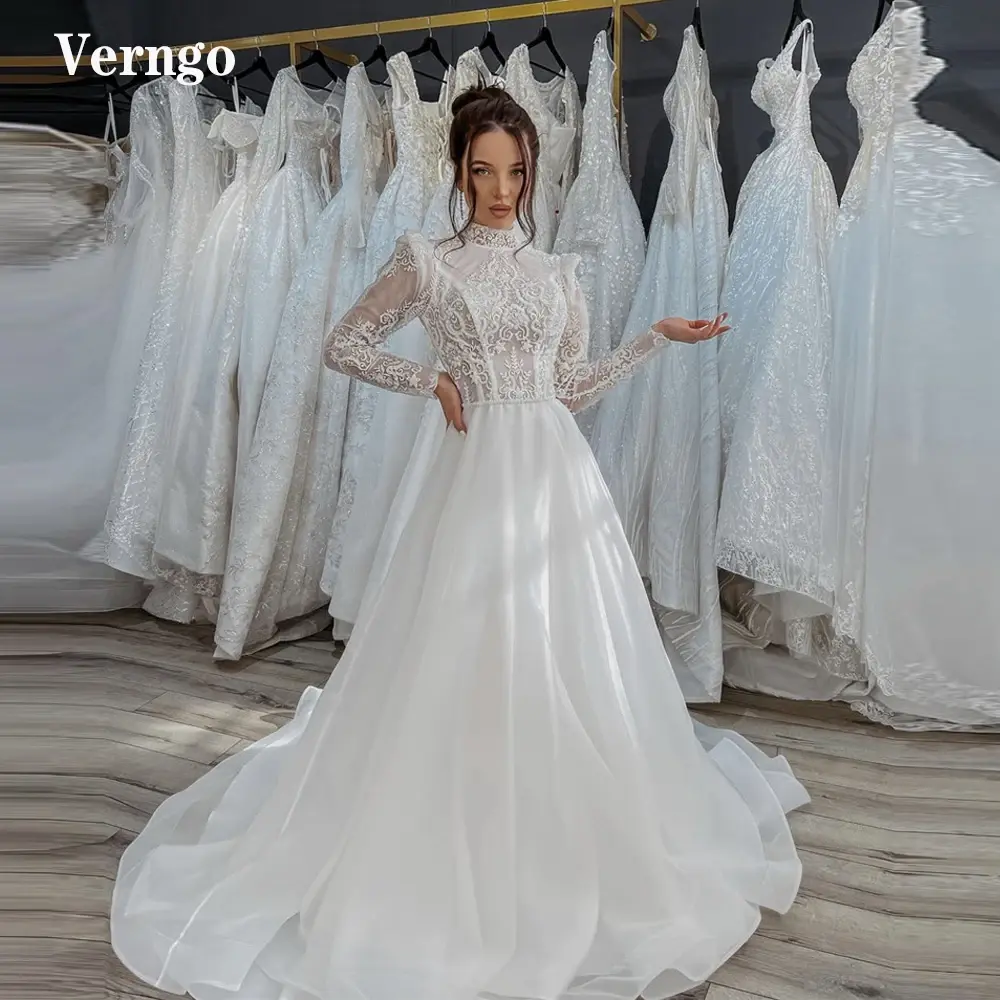 Lace Bodice Long Sleeves High Neck Organza Skirt, Wedding Dress
