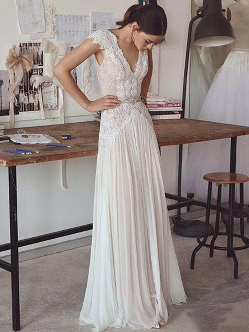Thumbnail: Boho Cap Sleeves v Neck Open Back Pleated Skirt Bridal Gown