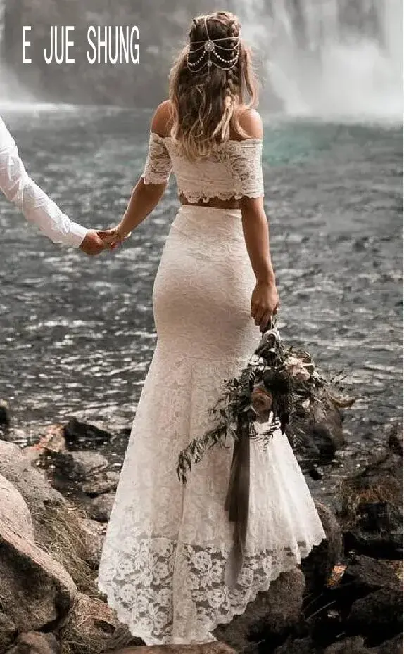 Thumbnail: Two Piece Lace Mermaid Boho Wedding Dress