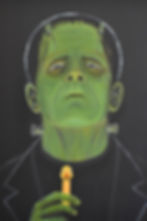 Original portrait of Frankenstein holding a yellow duck PEZ dispenser from Open Artery Studio