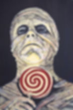 Original portrait of the mummy holding a red and white swirl lollipop from Open Artery Studio