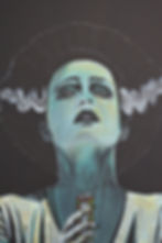 Original portrait of the Bride of Frankenstein holding a roll of life savors from Open Artery Studio