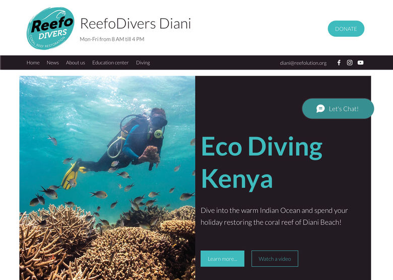Home page of a website with a menubar, title and a photo of a coral reef restoration diver.