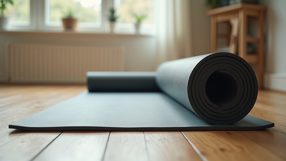 Eye-level view of a yoga mat and foam roller on a wooden floor