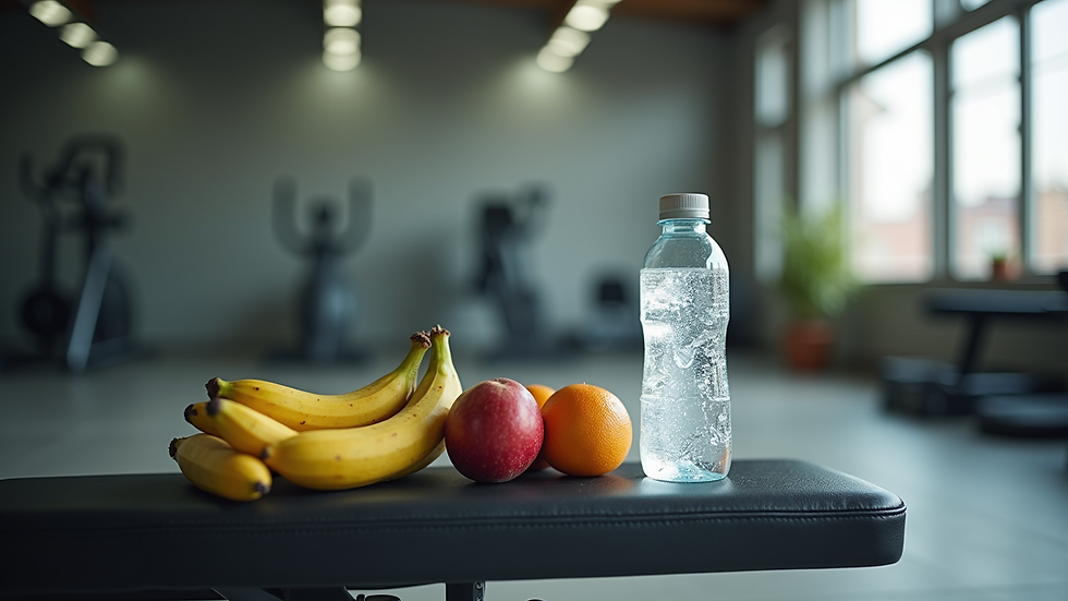 Close-up view of a water bottle and fresh fruits on a gym bench