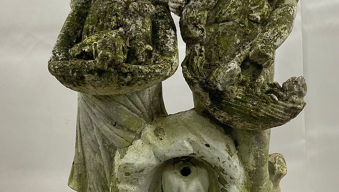Cement Statue Boy with Kittens and Girl with Puppies