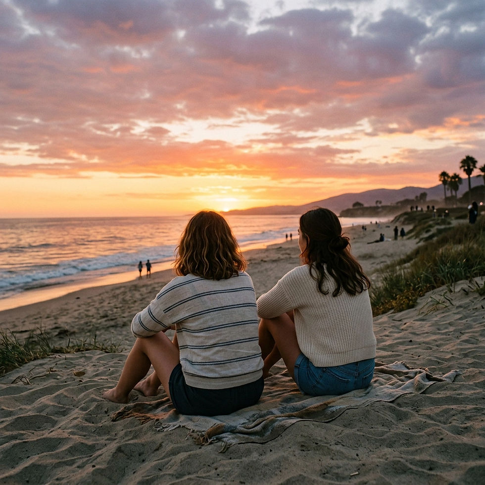 two girls sat on a beach looking at the sunset from behind.jpg