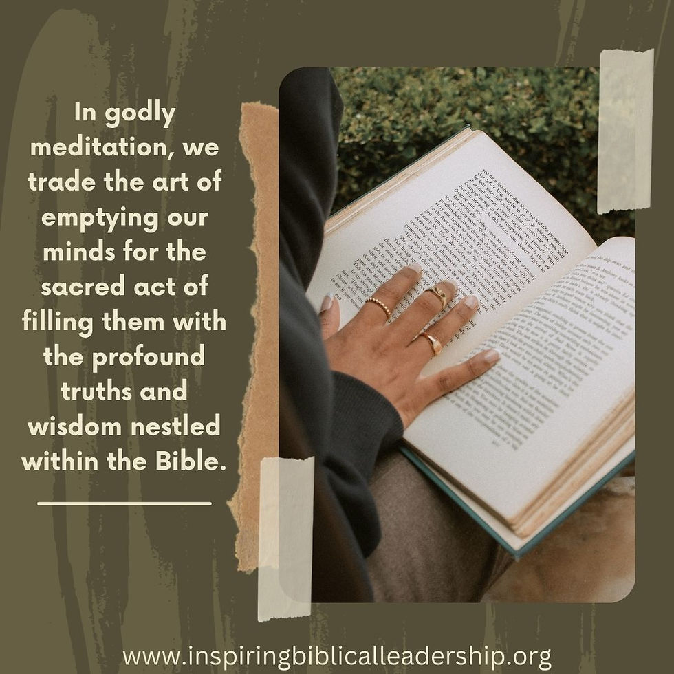 Inspiring quote on meditation: In godly meditation, we trade the art of emptying our minds for the sacred act of filling them with the profound truths and wisdom nestled within the Bible.