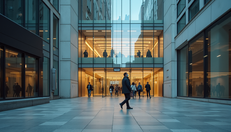 Eye-level view of a modern bank building with clear glass windows
