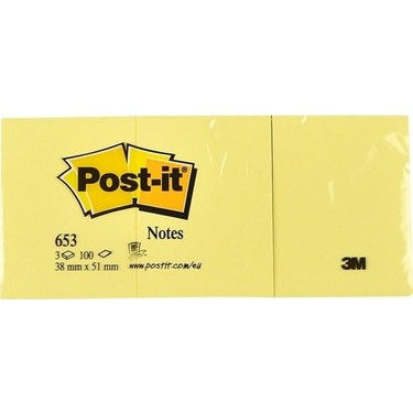 Post-It 653 38X51 Sarı Yapışkan Not Kağıdı (3'lü Paket)