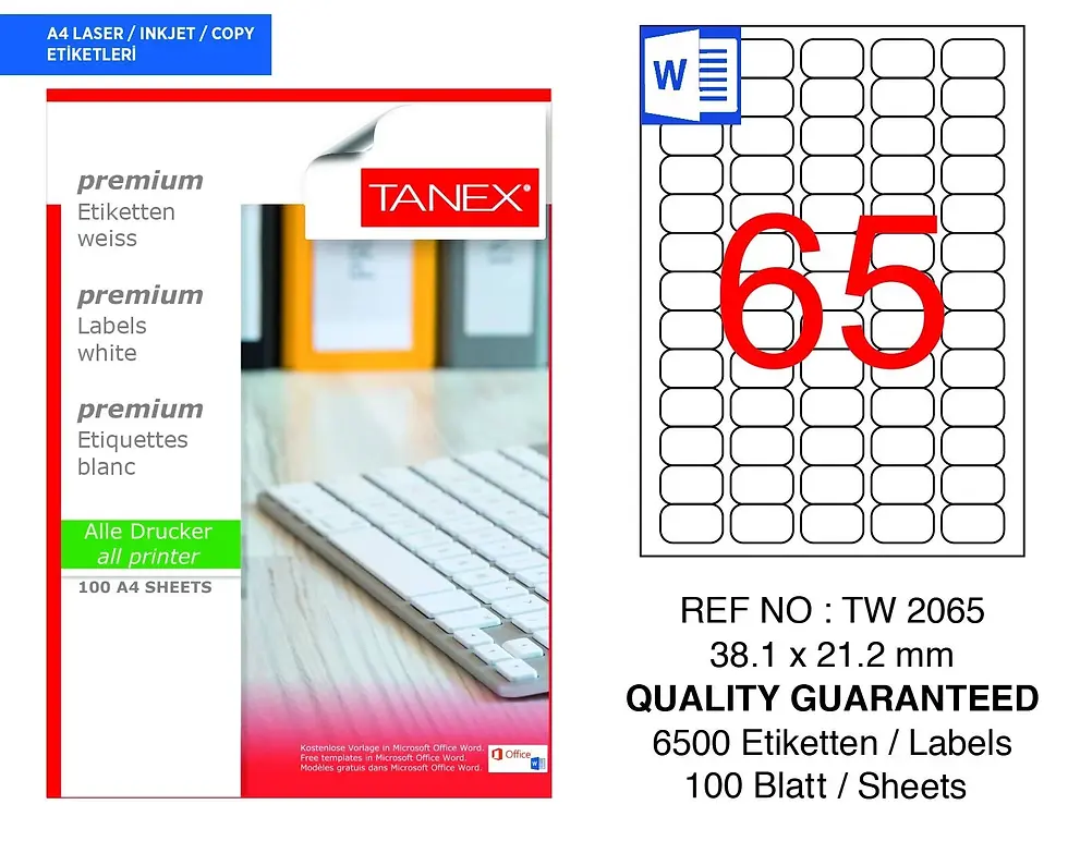 Küçük resim: Tanex Lazer Etiket Beyaz 38,1X21,2 (Tw-2065)