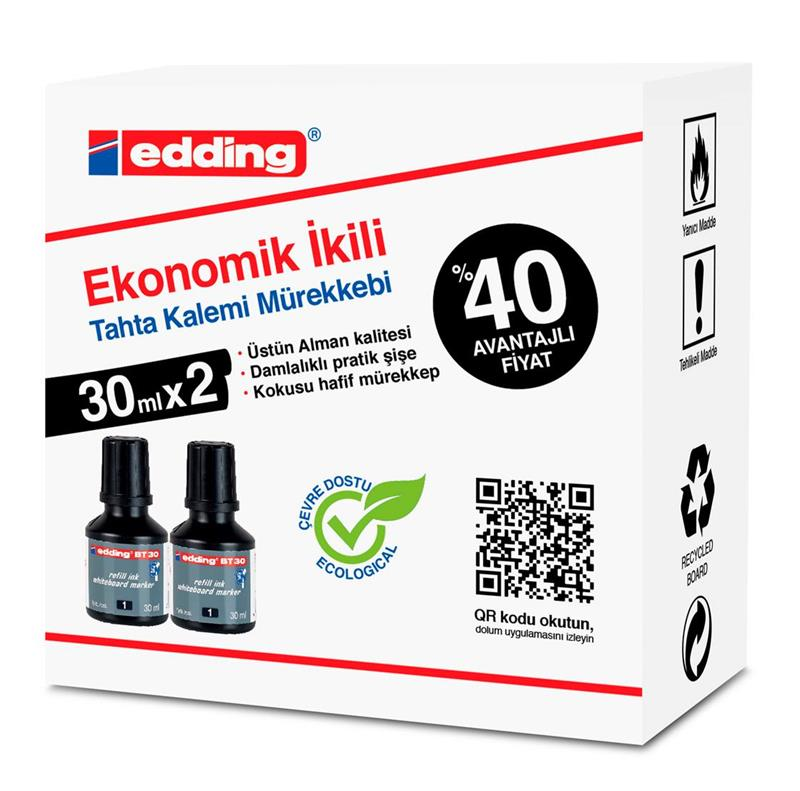 EDDİNG BT30 TAHTA KALEMİ MÜREKKEBİ 30ML 2'Lİ KUTU SİYAH
