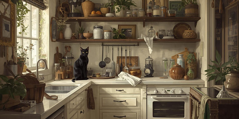 Create an image of a witchy kitchen with a black cat. Use mostly creams and whites with ac
