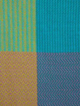 Handwoven textile, close up image. In green, blue and gold