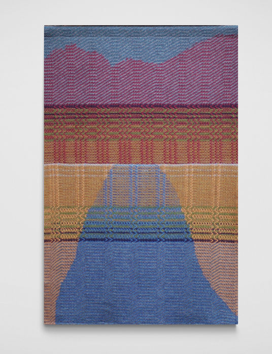 Handwoven wall hanging in blue, gold and purple, with mountains and river
