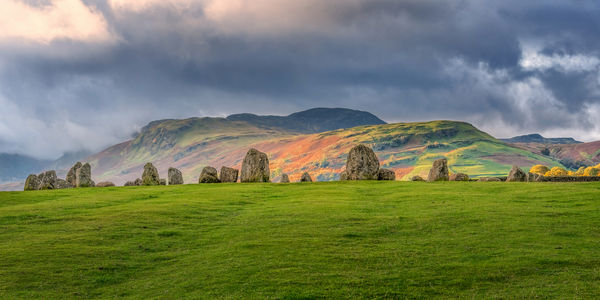Panorama of Neolithic Castlerigg Stone Circle Before a Sunlit Blencathra, Lake District National Park, Cumbria