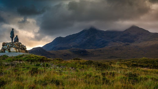 Norman Collie and John MacKenzie Statue Looking Over Black Cuillin Mountains, Isle of Skye
