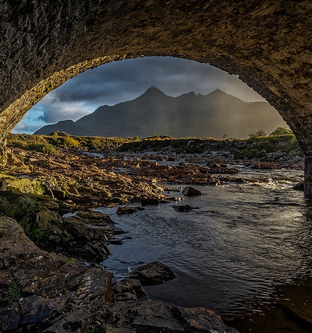 Black Cuillin Mountains Seen Through Arch of Sligachan Bridge, Isle of Skye, Scotland