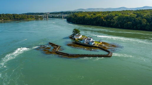 Aerial View of Ynys Gored Goch ("Red Weir Island") Looking Towards Menai Suspension Bridge, Menai Strait, Anglesey, Wales. Cymru