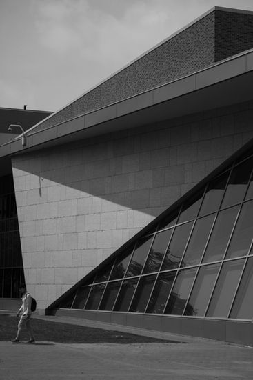 Modern building with sharp angles and glass facade