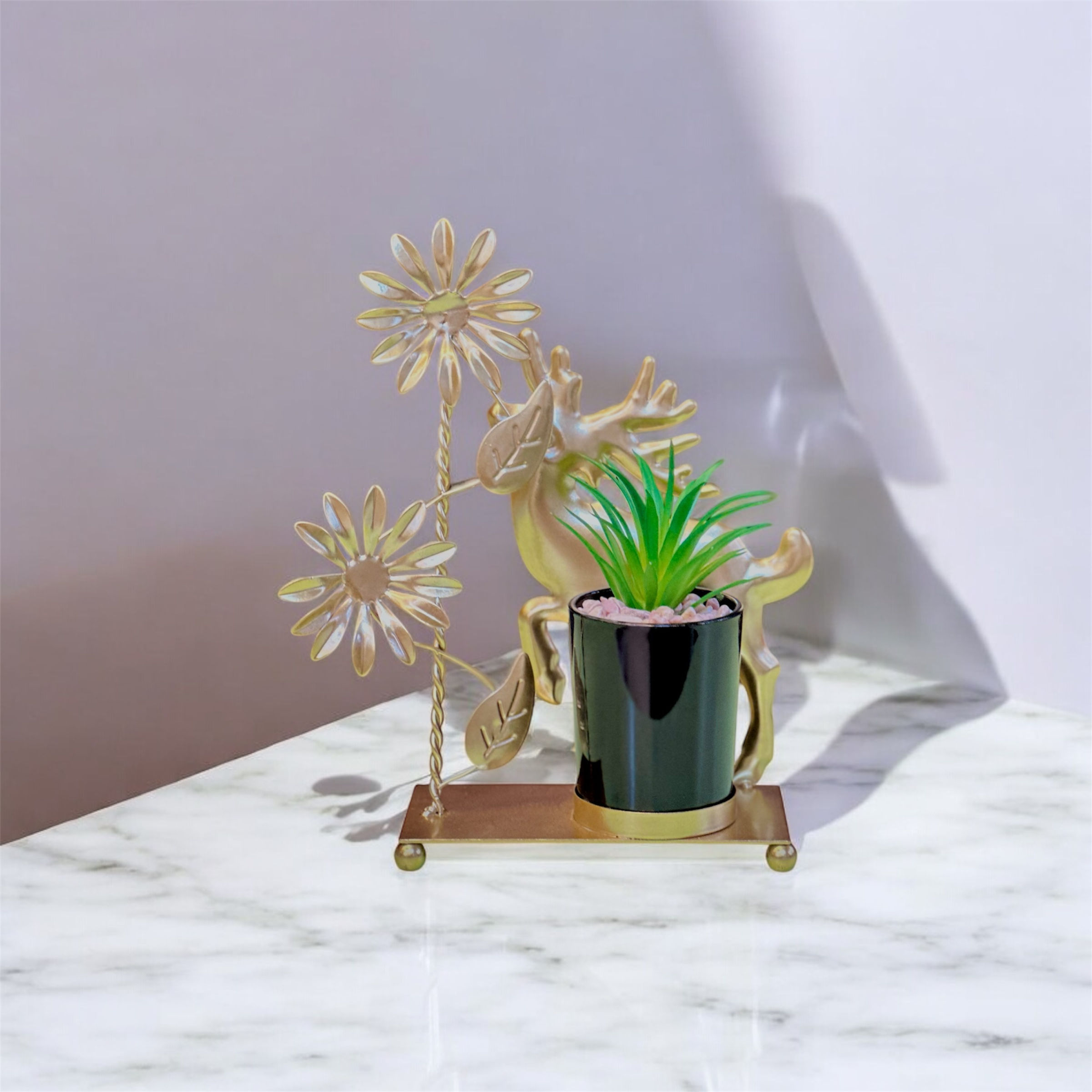 Artificial Succulent with Decorative Metal Deer and Daisies