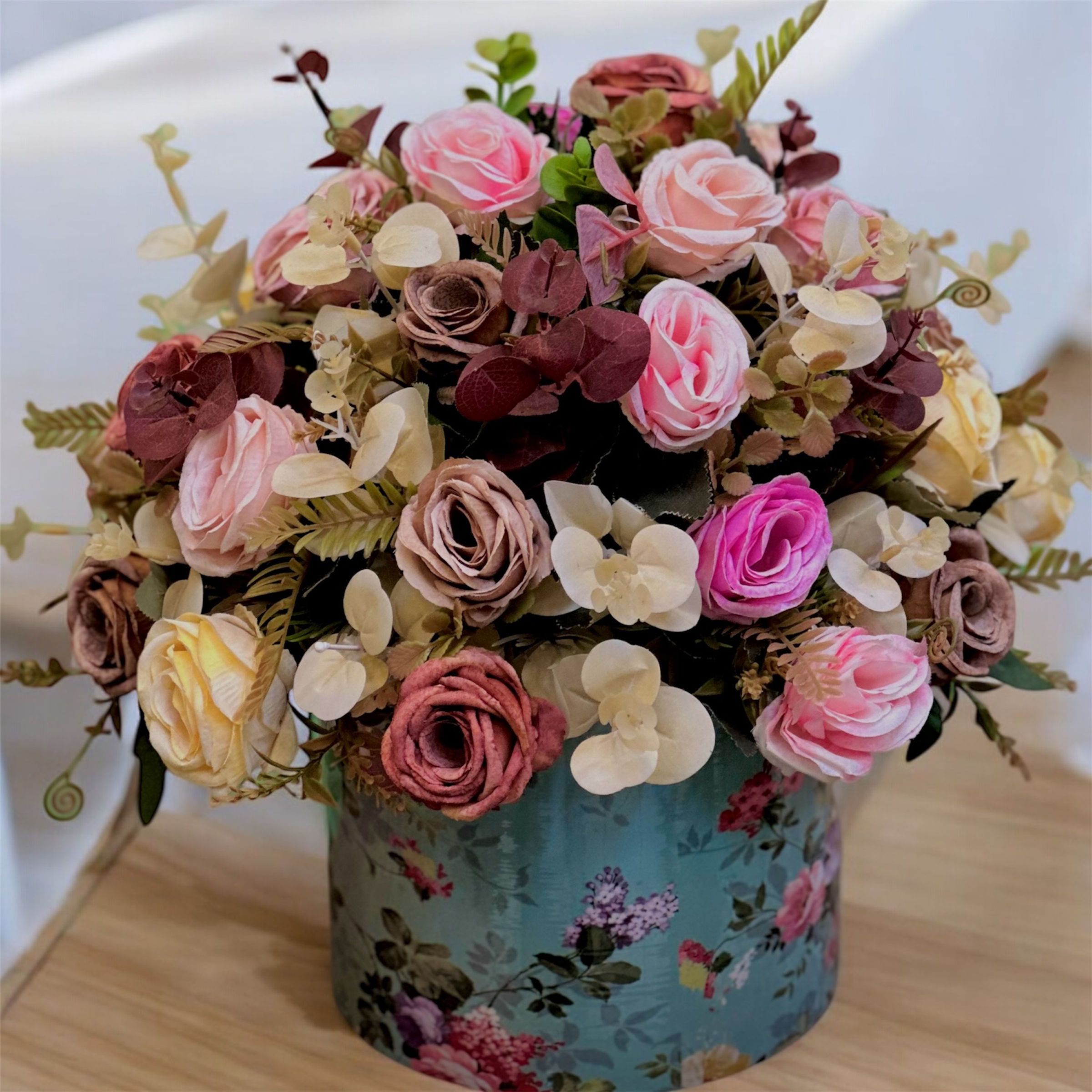 Artificial Rose and Flower Arrangement in Floral Printed Pot