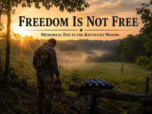 Hunter on a Kentucky ridge at sunrise with American flag and whitetail buck, graphic reads Freedom Is Not Free