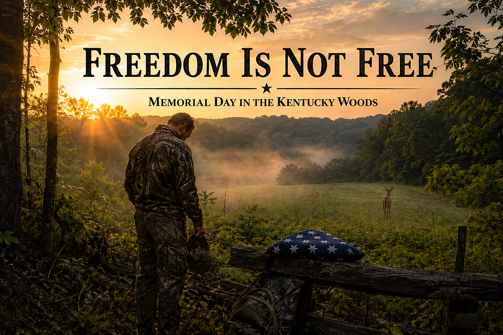 Hunter on a Kentucky ridge at sunrise with American flag and whitetail buck, graphic reads Freedom Is Not Free