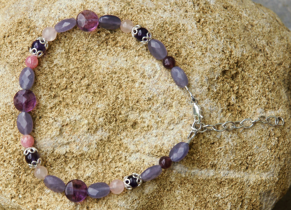 Fusskette: Fluorit Lepidolit Rosenquarz Rhodochrosit Silber