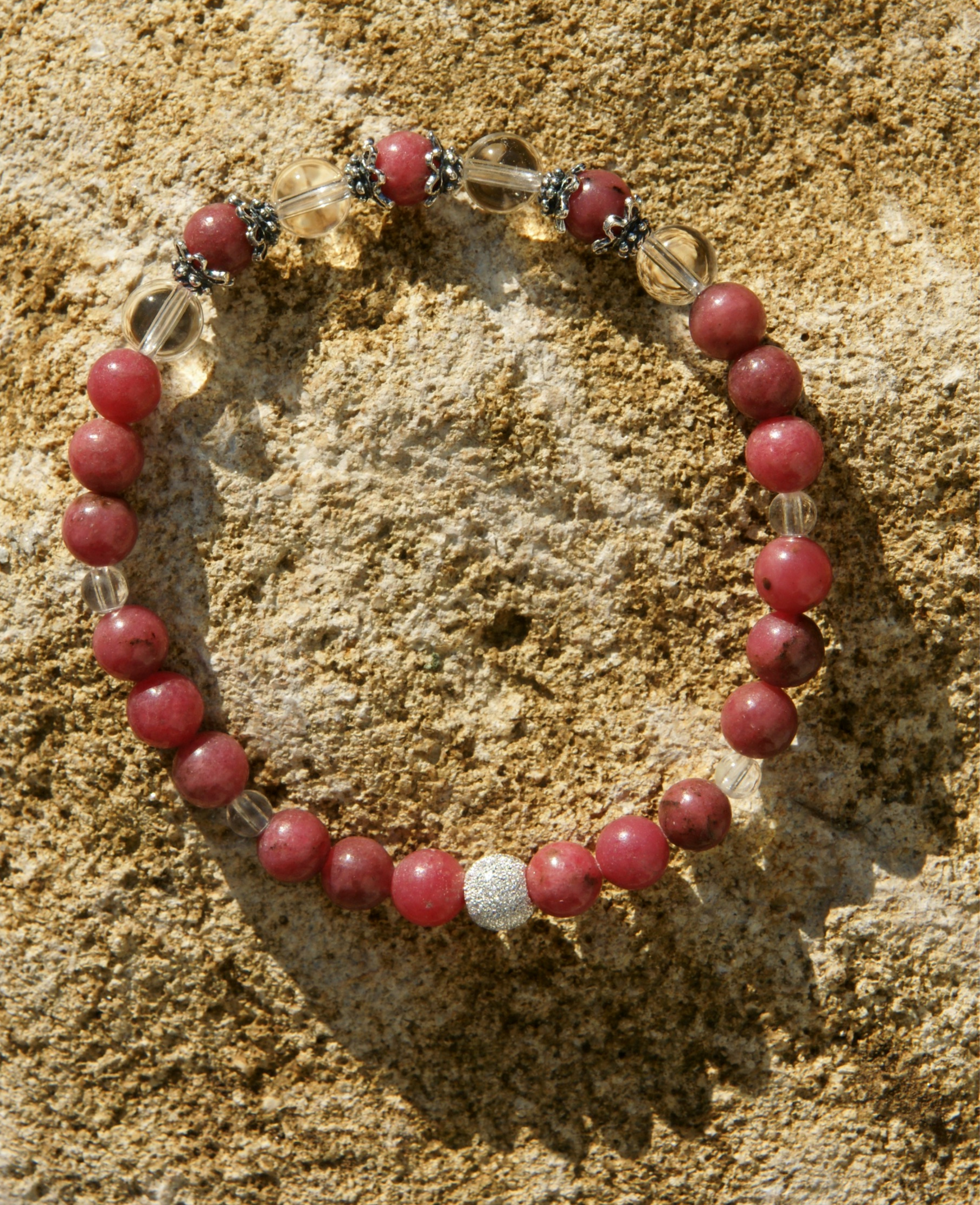 Armband, Bracelet: Bergkristall Rhodonit Silber 925