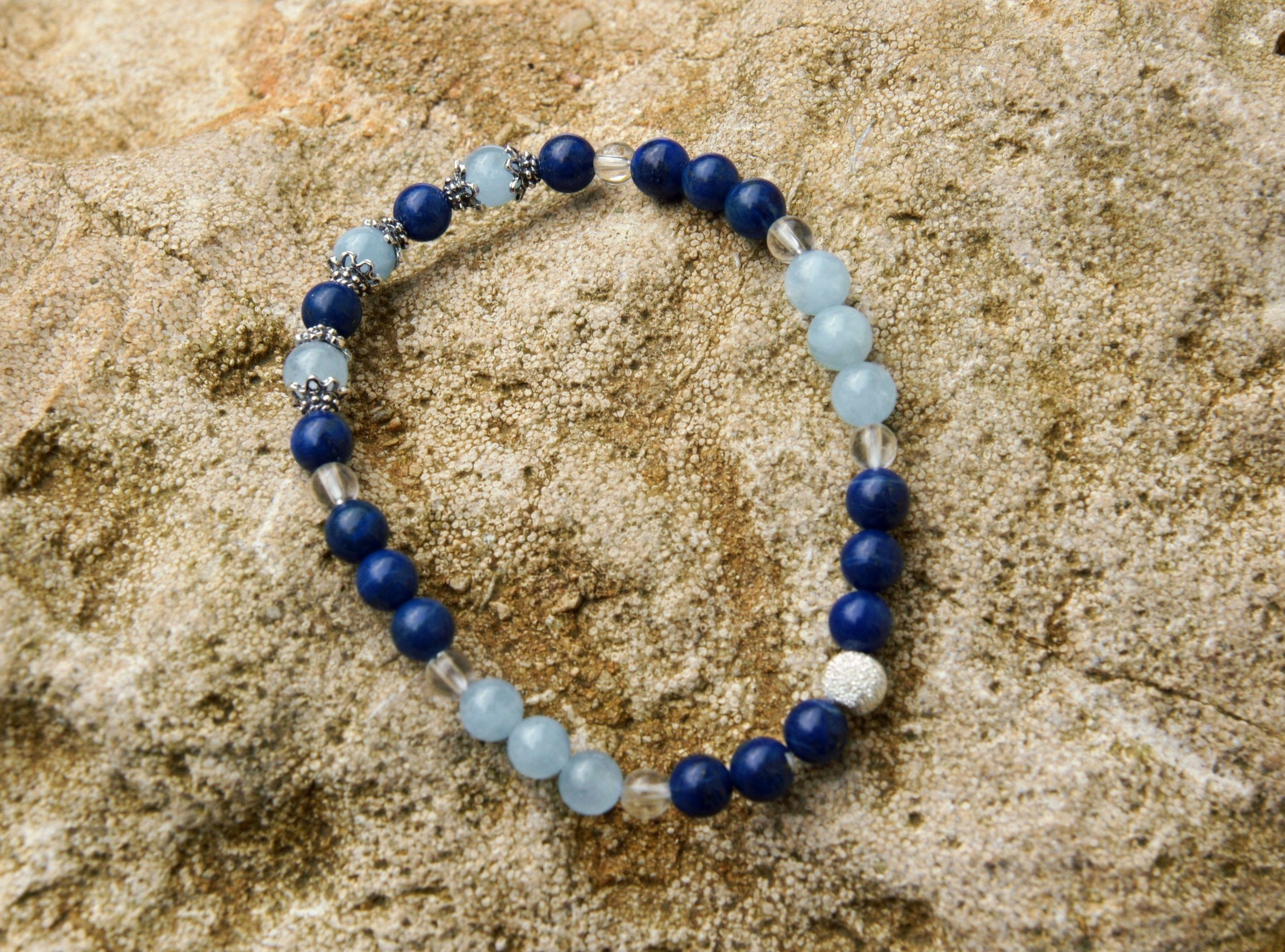 Armband, Bracelet: Aquamarin Lapislazuli Silber Bergkristall 925