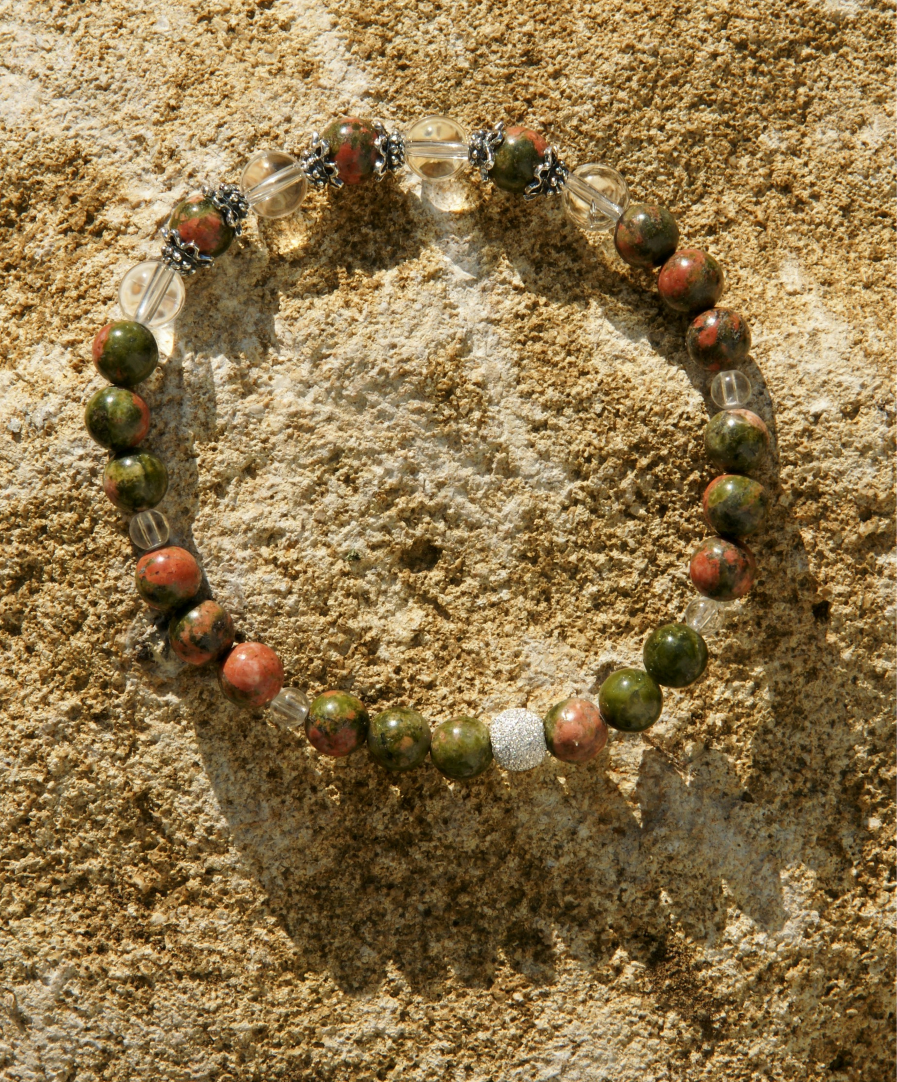 Armband, Bracelet: Bergkristall Epidot-Unakit Silber 925