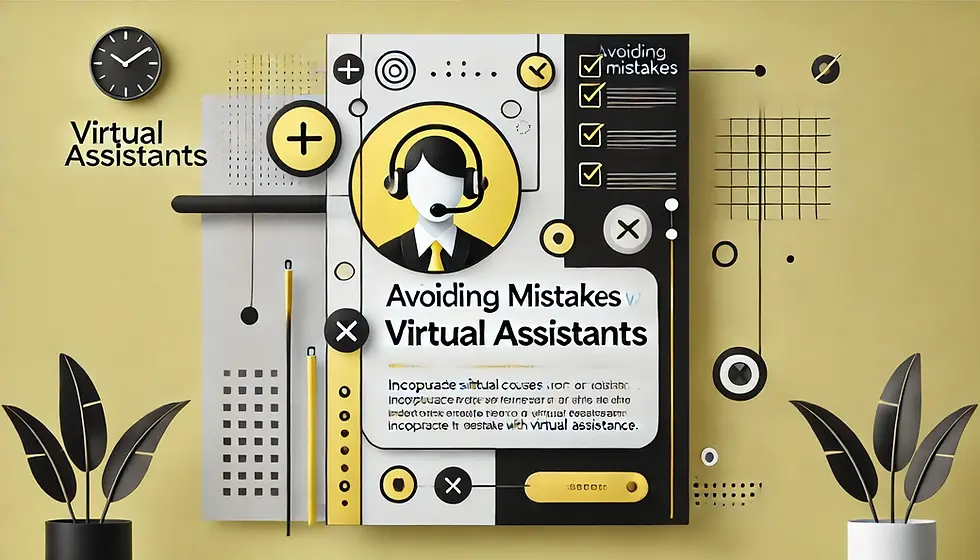 Minimalistisches Banner in Schwarz und Gelb mit der Aufschrift 'Die größten Fehler bei der Arbeit mit Virtuellen Assistenten vermeiden', gestaltet mit klaren Linien und modernen Designelementen.