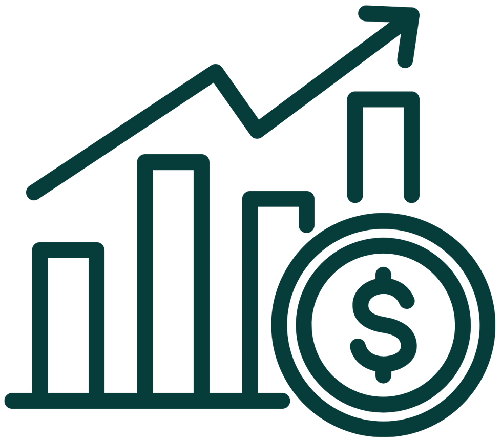 Bar chart showing growth with upward arrow and dollar coin