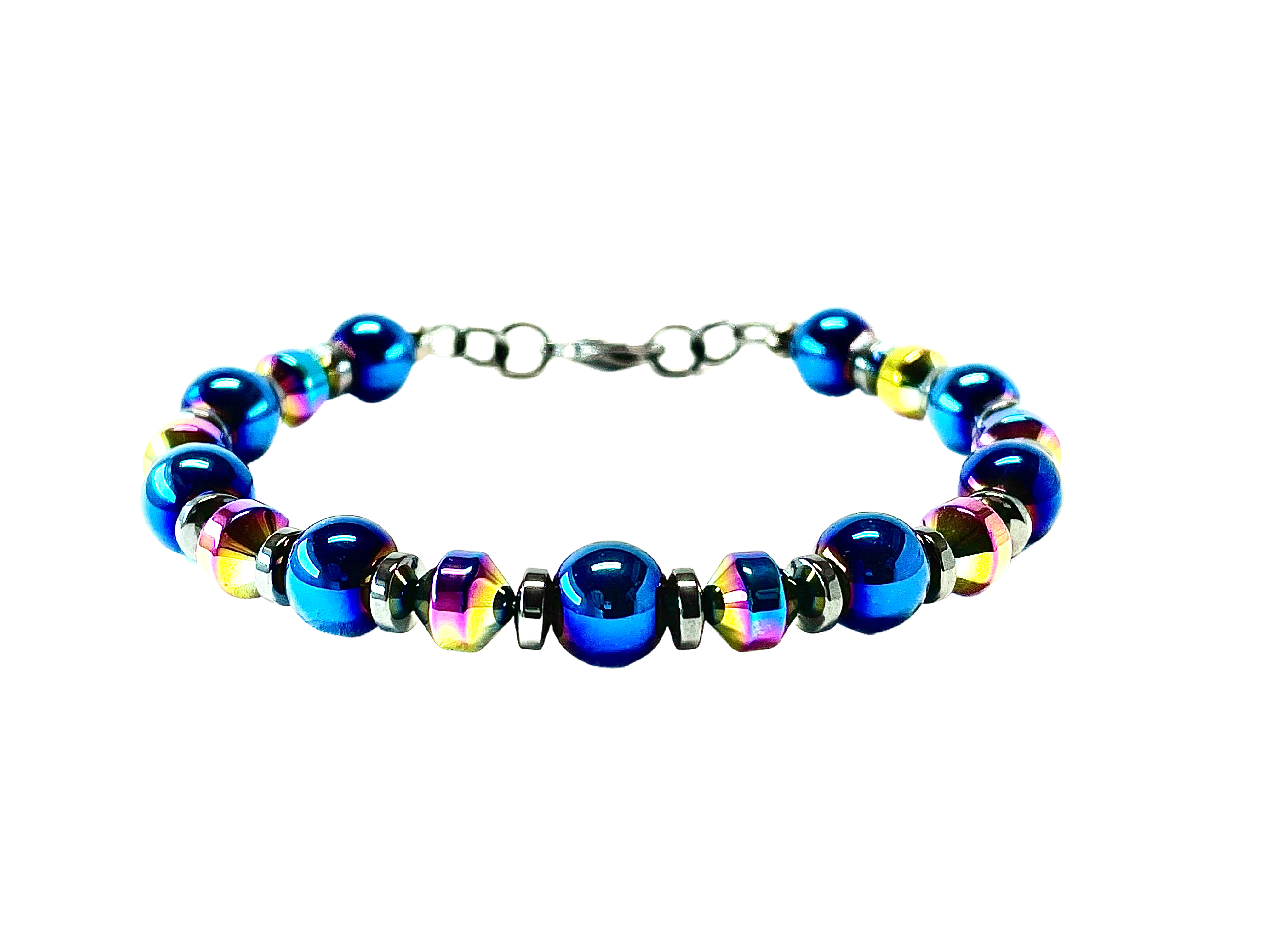 Blue glass beads with hematite