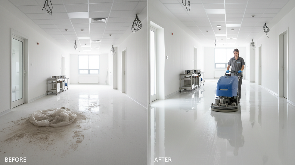 Eye-level view of a professional cleaner using industrial equipment in a commercial facility